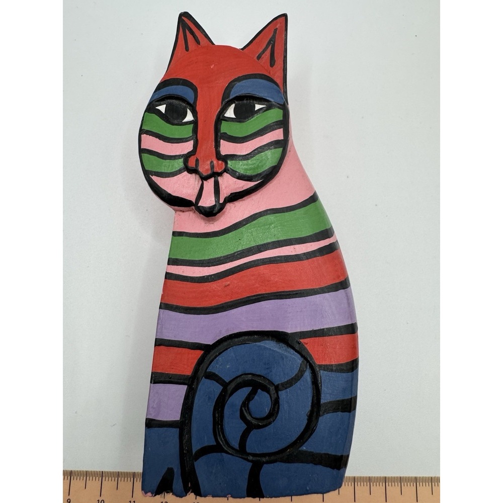 Laurel Burch 5" Painted Wooded Cat - Red Blue Green & Pink With Curled‎ Tail